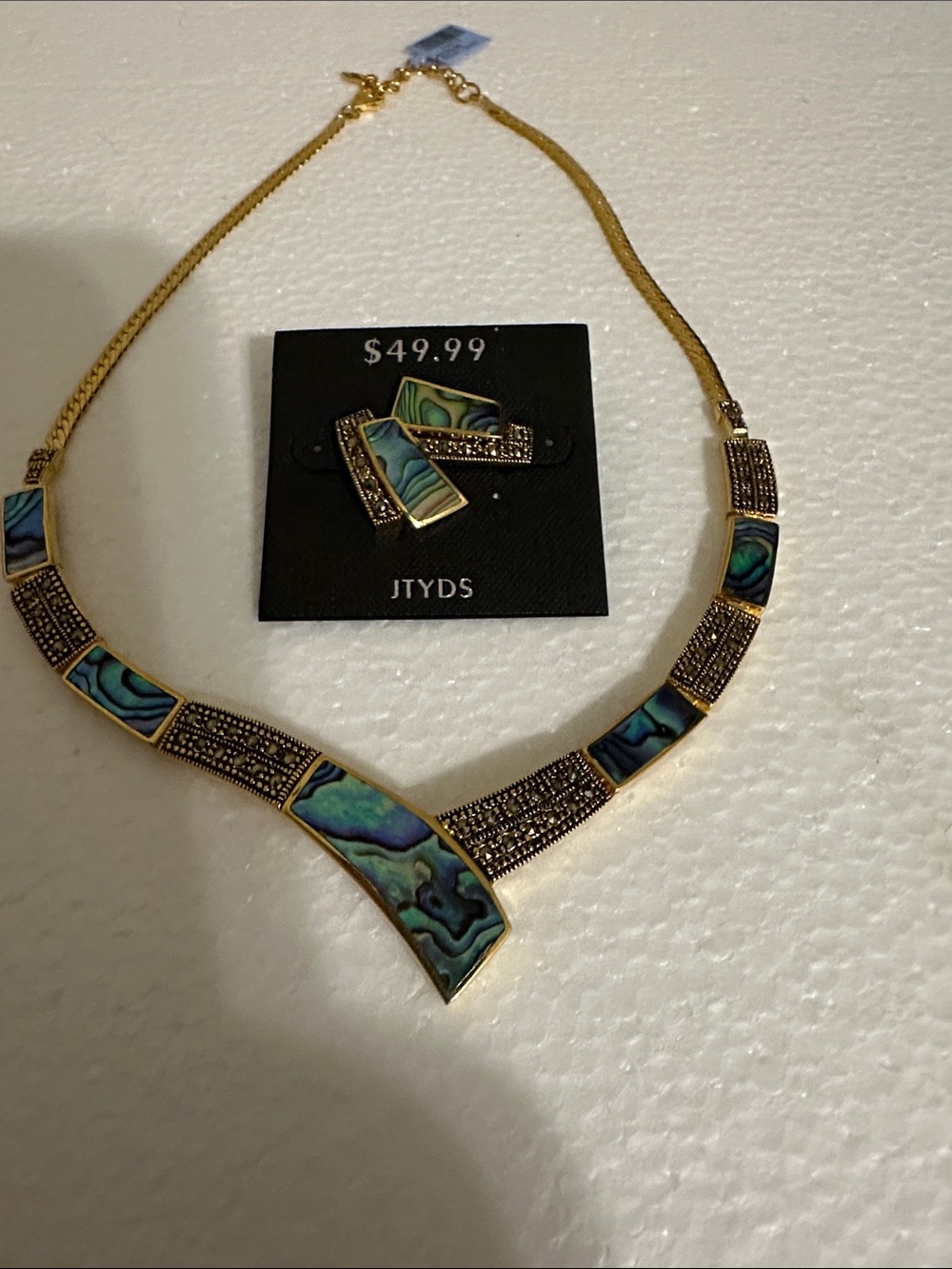 Gold-Tone Necklace and Earring Set with Green-Blue Abalone Inlay